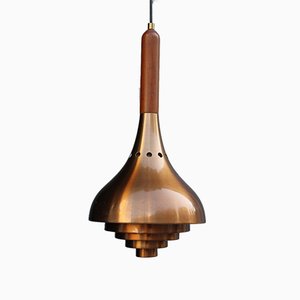 Minimalist Sculptural Copper, Wood, and Brass Ceiling Lamp from Lumi Milano, 1950s
