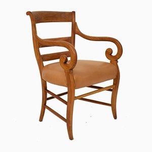 19th Century Biedermeier German Cherrywood and Brown Leather Armchair