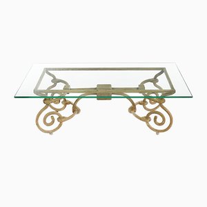 Tavolino da caffè vintage in ferro con ripiano in vetro