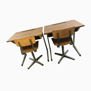 Vintage Dutch School Wooden Desks and Chairs Set, 1950s, Set of 4