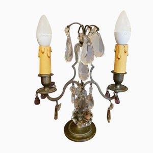 Antique Brass and Silver Patina 2-Arm Candleholder Table Lamps, 1900s, Set of 2