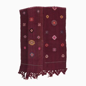 Tappeto Tribal Kilim vintage piccolo in lana rossa, bordeaux e viola, Turchia, anni '50