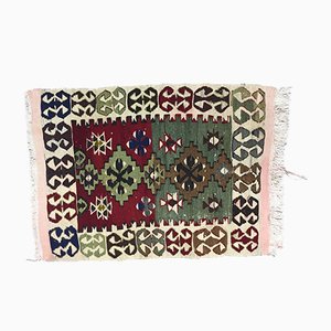 Petit Tapis Kilim Vintage en Laine Rouge, Verte, Beige et Noire, Turquie, 1950s