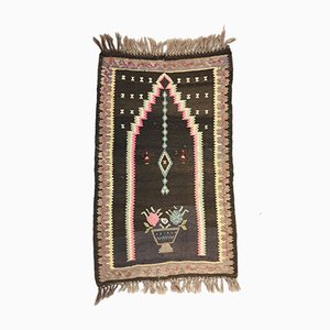 Petit Tapis de Prière Kilim Vintage en Laine Noire, Beige et Rose, Turquie, 1950s