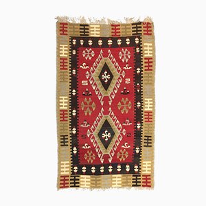 Vintage Turkish Black, Red, and Beige Wool Tribal Kilim Rug, 1950s