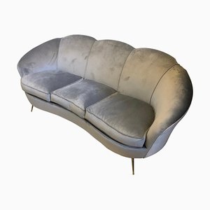Gebogenes Mid-Century Modern Sofa aus Messing & Samt im Stil von Gio Ponti, 1950er