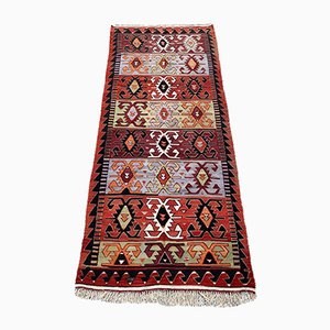 Alfombra Kilim tribal turca vintage grande en rosa, azul, beige y negro, años 50