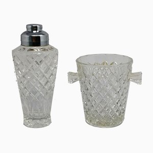Vintage Italian Cut Crystal Cocktail Shaker with Ice Bucket, 1950s, Set of 2