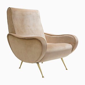 Mid-Century Italian Velvet & Brass Lounge Chair, 1950s