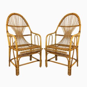 Grands Fauteuils Vintage en Bambou & Rotin, 1960s, Set de 2