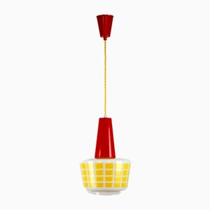 Lampada a sospensione Mid-Century in vetro rosso e giallo