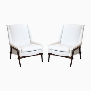 Fauteuils Blancs avec Cadre en Chêne Teinté, 1950s, Set de 2