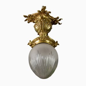 Rococo Style Bronze and White Frosted Cut Glass Ceiling Light