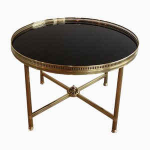 French Neoclassical Style Round Brass Coffee Table with Black Lacqued Top, 1940s