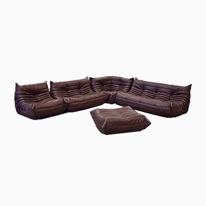 Dark Brown Leather Togo Living Room by Michel Ducaroy for Ligne Roset, Set of 5