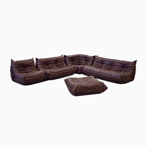 Dunkelbraunes Togo Wohnzimmer aus Leder von Michel Ducaroy für Ligne Roset, 5er Set