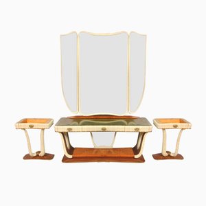 Italian Elm Briar & Edges in Gold Lacquer Dressing Table with Mirror & Bedside Tables, 1950s, Set of 4