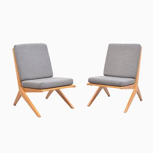 Set of Mid-Century Ash Scissor Chairs with Back Part in Sisal Attributed to Pierre Jeanneret
