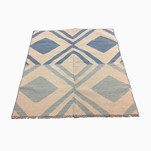 Tapis Kilim Tribal Carré Vintage en Laine Bleue et Beige, Turquie, 1960s