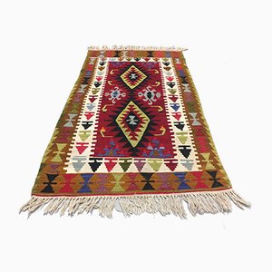 Vintage Turkish Red, Brown, Green & Beige Wool Kilim Rug, 1960s