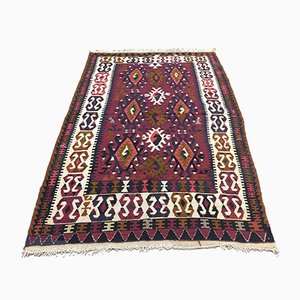 Tapis Kilim Vintage Rouge, Noir et Vert Okra en Laine, Turquie, 1960s