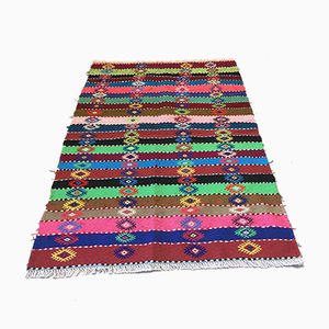 Alfombra Kilim turca vintage de lana en azul, rosa, verde y naranja, años 60