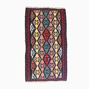 Tapis Kilim Vintage en Laine Rouge, Bleue, Rose et Noire, Turquie, 1960s