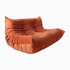 Amber Orange Velvet Togo 2-Seat Sofa by Michel Ducaroy for Ligne Roset