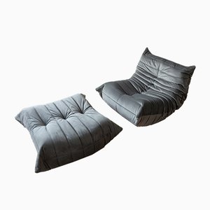 Set of Elephant Grey Velvet Togo Lounge Chair and Pouf by Michel Ducaroy for Ligne Roset
