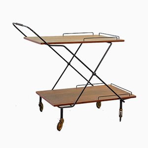 Scandinavian Minimalist Foldable and Mobile Teak Tea Trolley on Black Steel Frame, 1950s