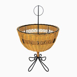 Rattan Basket on Black Metal Stand, 1950s