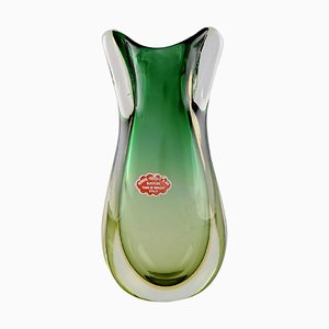 Italian Murano Vase in Green and Clear Mouth Blown Art Glass, 1960s