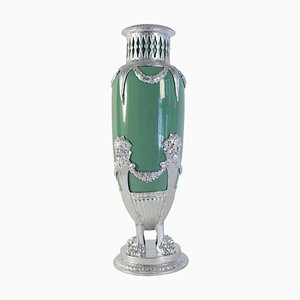 19th Century Celadon Vase in Faience, Silver-Plate & Silver Leaf