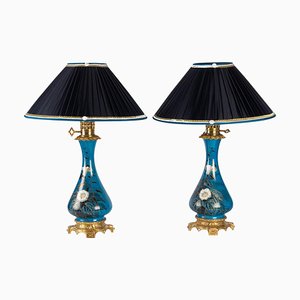 Antique Porcelain and Brass Gilt Lamps, Set of 2