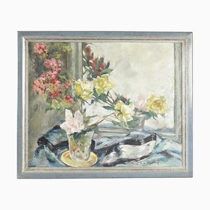 Painting on Wood of a Bouquet of Flowers in Front of a Mirror, 1920s