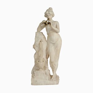 19th Century Alabaster Woman with a Bronze Flute Beside the Fountain