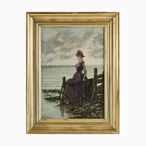 Elegante Frau an der Ocean Side Öl auf Leinwand Gemälde von Leon Breton
