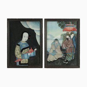 Dipinti asiatici in vetro, XIX secolo, set di 2