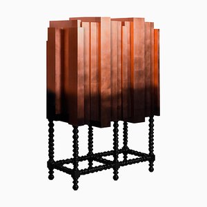 Solid Mahogany, Copper Leaf Veneer & Lacquer Bar Cabinet