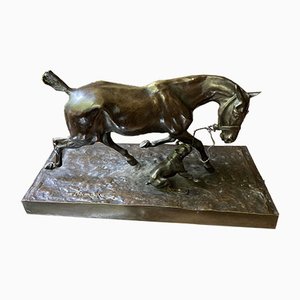 Antique French Bronze Sculpture Horse with Bulldog by Auguste Vimar for Siot