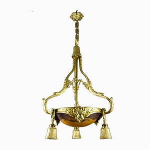 Lampadario neoclassico in bronzo dorato di Verrerie D'Art Degué, anni '20