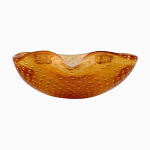 Murano Bowl in Amber Colored Mouth-Blown Art Glass with Inlaid Air Bubbles, 1960s