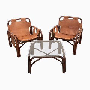 Italian Bamboo and Leather Armchairs & Table by Tito Agnoli, 1960s, Set of 3
