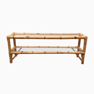 Vintage Low and Long Bamboo Coffee Table 2 Transparent Glass Tops