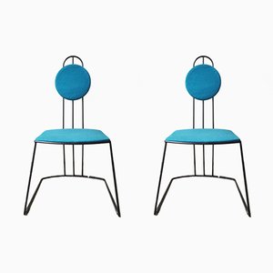 Black Iron Rod Geometric Structure & Blue Cotton Fabric Seats, 1960s, Set of 2