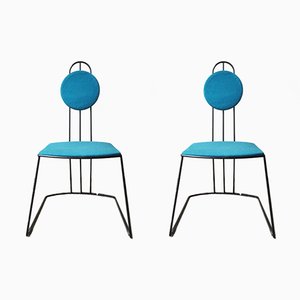 Set of Black Iron Rod Geometric Structure & Blue Cotton Fabric Seats, 1960s