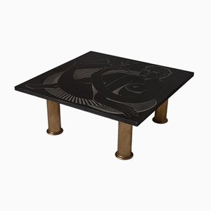 Engraved Black Granite and Gold Coffee Table by Guy de Jong, 1989