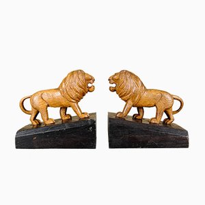 Serre-Livres Lion Fait Main en Bois, 1920s, Set de 2