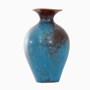 Jarrón AUH de piel de liebre esmaltada en azul y marrón de Gunnar Nylund para Rörstrand, años 60