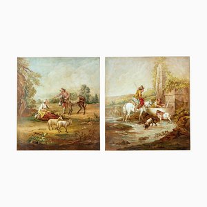 Late-19th Century Rural Oil on Canvas Paintings, Set of 2